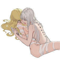 2girls absurdres back_tattoo bamboo_nima bandaged_hand bandaged_leg bandages biting blonde_hair blood_sucking breasts closed_eyes cowboy_shot facing_away hand_on_another&#039;s_back hand_on_another&#039;s_neck hand_tattoo highres holding_hands long_hair lorelei_(reverse:1999) lying lying_on_person medium_breasts moon_phases multiple_girls neck_biting nude on_back on_stomach reverse:1999 scar scar_on_neck scar_on_shoulder semmelweis_(reverse:1999) semmelweis_(the_wax_and_wane_of_the_heart)_(reverse:1999) sideboob tattoo white_background white_hair yuri