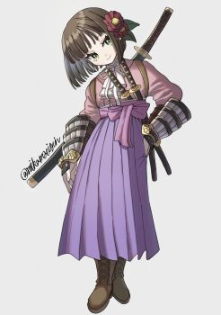 1girl armor boots brown_boots brown_hair bushidou_(sekaiju) bushidou_4_(sekaiju) etrian_odyssey flower green_eyes hair_flower hair_ornament hakama hakama_skirt highres japanese_armor japanese_clothes katana kimono mikamseizin pink_kimono purple_hakama samurai sash sekaiju_no_meikyuu sekaiju_no_meikyuu_1 sekaiju_no_meikyuu_2 short_hair shoulder_armor signature skirt sode solo sword weapon