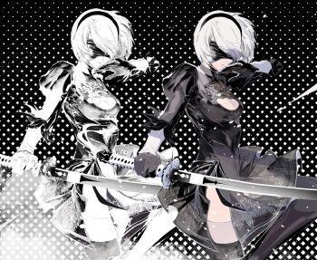 1girl 2b_(nier:automata) black_background black_dress black_gloves black_hairband black_thighhighs blindfold breasts cleavage cleavage_cutout clothing_cutout cofffee cowboy_shot dress feather-trimmed_sleeves floating_hair gloves hairband halftone halftone_background holding holding_sword holding_weapon juliet_sleeves katana knee_up large_breasts long_sleeves mole mole_under_mouth nier:automata nier_(series) puffy_sleeves short_hair solo sword thighhighs virtuous_contract weapon white_hair zoom_layer