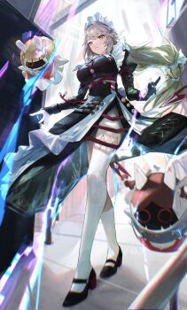 1girl absurdres alexandrina_sebastiane anastella_(zenless_zone_zero) apron bangboo_(zenless_zone_zero) black_dress black_footwear black_gloves breasts brown_eyes commentary dress drusilla_(zenless_zone_zero) full_body gloves grey_hair hair_between_eyes hanasawa_(hanasawa062) highres indoors kneehighs long_hair long_sleeves looking_at_viewer low-tied_long_hair maid maid_apron maid_headdress pantyhose_cutout partially_fingerless_gloves puffy_sleeves single_sock socks stake zenless_zone_zero