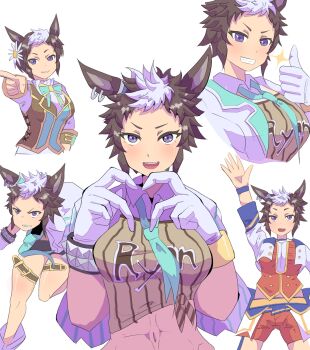 1girl :d breasts brown_hair brown_shirt commentary_request cropped_jacket flower gloves grin hair_flower hair_ornament highres jacket large_breasts mejiro_ryan_(down_the_line)_(umamusume) mejiro_ryan_(umamusume) multicolored_hair multiple_views navel open_clothes open_jacket open_mouth purple_eyes red_shorts shirt short_eyebrows shorts simple_background smile sparkle starting_future_(umamusume) takobutter thumbs_up two-tone_hair umamusume v-shaped_eyebrows white_background white_flower white_gloves white_hair white_jacket