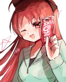 Rule 34 | 1girl, black shirt, breasts, chocolate, commentary request, fang, food, green jacket, highres, holding, holding chocolate, holding food, jacket, long hair, long sleeves, mahou shoujo madoka magica, medium breasts, one eye closed, open mouth, rairai (light), red eyes, red hair, sailor collar, sakura kyoko, shirt, simple background, solo, teeth, upper body, upper teeth only, white background