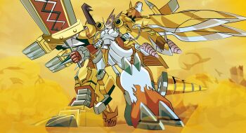 Rule 34 | absurdres, armor, arresterdramon, ballistamon, braid, cheungsk1213, digimon, digimon (creature), dorulumon, drill, energy gun, fusion, highres, long hair, mervamon, minervamon, omegashoutmon, original, pickmon, ray gun, shoutmon x10, sparrowmon, starmon (digimon xros wars), sword, tail, tuwarmon, weapon, zekegreymon