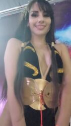 Rule 34 | 1girl, alternate costume, animated, ass, audible music, blowing kiss, bracelet, braid, breasts, capcom, chilean (nationality), chun-li, chun-li (cosplay), claubailarinita, cleavage, cosplay, dress, highres, indoors, interior, jewelry, kiss, long hair, looking at viewer, official alternate costume, photo (medium), real life, shiny skin, short dress, simple background, skin tight, sound, spiked bracelet, spikes, standing, street fighter, street fighter v, tagme, thighs, very long hair, video