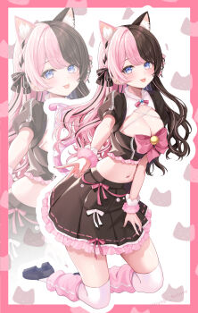 Rule 34 | 1girl, animal ears, black hair, black shirt, black shoes, black skirt, blue eyes, bow, bowtie, breasts, cat ears, cat girl, cat tail, cleavage, closed mouth, commentary request, crop top, highres, kneeling, long hair, looking at viewer, medium breasts, midriff, miyagi ratona, multicolored hair, navel, pink hair, pleated skirt, shirt, shoes, short sleeves, skirt, smile, solo, split-color hair, stomach, tachibana hinano, tail, tail raised, thighhighs, tongue, tongue out, two-tone hair, virtual youtuber, vspo!, white thighhighs, zoom layer