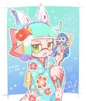 Rule 34 | 1girl, :d, aqua background, aqua hair, aqua kimono, blue hair, border, commentary request, floral print, floral print kimono, gradient hair, green eyes, highres, holding, holding paddle, inkling, inkling girl, inkling player character, japanese clothes, kimono, medium hair, multicolored hair, new year, nintendo, open mouth, outside border, paddle, pointy ears, print kimono, sig hortensia, smile, solo, splatoon (series), standing, tentacle hair, translation request, two-tone hair, white border