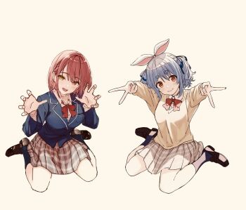 2girls animal_ear_hairband animal_ears anno_masato blazer blue_hair blue_jacket blush bow bowtie breasts brown_shoes closed_mouth collared_shirt commentary_request dot_nose double_v fake_animal_ears from_above full_body hair_between_eyes hairband head_tilt heterochromia highres hololive houshou_marine jacket large_breasts loafers looking_at_viewer multiple_girls multiple_hair_ribbons open_mouth plaid_clothes plaid_skirt rabbit_ears rabbit_girl red_bow red_bowtie red_eyes red_hair school_uniform shirt shoes short_eyebrows short_hair sitting skirt smile socks sweater thick_eyebrows two_side_up usada_pekora v virtual_youtuber wariza white_background white_shirt yellow_eyes