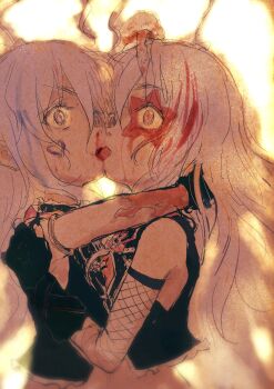 2girls absurdres ahoge arm_around_shoulder backlighting bad_anatomy bad_face black_gloves black_vest blood bloom clone cropped_vest facepaint fingerless_gloves fishnet_armwear french_kiss from_side gloves grey_hair hand_on_another&#039;s_shoulder heart highres hoshi_syoko idolmaster idolmaster_cinderella_girls kiss long_hair makeup multicolored_hair multiple_girls mushroom_on_head nosebleed open_mouth payama pink_eyes red_hair runny_makeup selfcest star_(symbol) streaked_hair tongue tongue_out upper_body v-shaped_eyebrows vest wide-eyed yuri