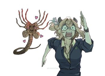 1girl alien alien_(series) animal_ears brown_hair collarbone facehugger fleeing green_eyes highres indie_virtual_youtuber monster nimi_nightmare nimi_nightmare_(tapir) ponytail running screaming suitabledeer tapir tapir_ears tapir_girl tears turn_pale twitter_username virtual_youtuber white_background