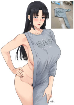 1girl artist_name asymmetrical_clothes black_eyes black_hair blush brooklyn_sweater closed_mouth collarbone commentary covered_erect_nipples cowboy_shot earrings female_pubic_hair grey_sweater hand_on_own_hip highres jewelry long_hair looking_to_the_side mature_female mole mole_under_mouth nush_(xter) original photo_inset pubic_hair pubic_hair_peek red_lips reference_inset sideless_sweater sidelocks simple_background single_bare_leg single_bare_shoulder solo sweater symbol-only_commentary white_background xter