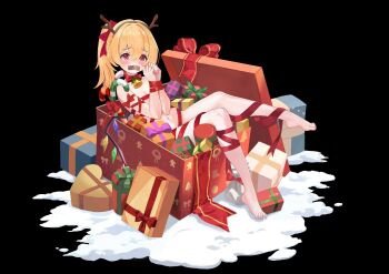 1girl antlers barefoot bdsm bell blonde_hair blush bondage bound bound_wrists bow box candy candy_cane chinese_commentary christmas commentary_request crystal crystal_wings fake_antlers flandre_scarlet food gag gift gift_box hair_bow hairband highres horns improvised_gag in_box in_container loli looking_at_viewer mizukawa multicolored_wings naked_ribbon navel neck_bell one_side_up red_bow red_eyes red_ribbon reindeer_antlers revision ribbon ribbon_bondage snow solo tape tape_gag toes touhou wings