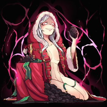 1girl abs absurdres ailheim alternate_costume angry aura black_background box breasts breasts_apart christmas coal coat colored_extremities commentary dark_aura dark_persona english_commentary evil_grin evil_smile female_robin_(fire_emblem) female_robin_(grima)_(fire_emblem) fingernails fire_emblem fire_emblem_awakening fur-trimmed_coat fur-trimmed_jacket fur-trimmed_sleeves fur_trim gift gift_box gold_trim grin highres holding holding_rock hood hood_up jacket long_fingernails long_hair long_sleeves looking_at_viewer medium_breasts naked_coat nintendo no_shirt open_mouth red_coat red_eyes robe rock seiza sitting smile solo white_hair wide-eyed