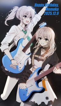 1girl black_arm_warmers black_hair black_nails black_skirt black_socks commentary_request diagonal-striped_clothes diagonal-striped_necktie electric_guitar fang fender_jazzmaster girls_band_cry green_necktie grey_eyes grey_hair guitar highres holding holding_plectrum instrument kawaragi_momoka mkra1n3 multicolored_hair multiple_views nail_polish necktie open_mouth pleated_skirt plectrum ponytail roots_(hair) school_uniform shirt skirt socks striped_clothes teeth upper_teeth_only white_shirt