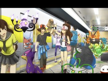 10s 4boys 4girls ace_trainer_(female)_(pokemon_bw) ace_trainer_(male)_(pokemon_bw) ace_trainer_(pokemon) backpacker_(pokemon) bad_id bad_pixiv_id bare_legs baseball_cap beheeyem black_hair blue_hair brown_eyes brown_hair carracosta chandelure denim denim_shorts electrode_(pokemon) emboar ferrothorn gen_1_pokemon gen_5_pokemon hat high_five hilbert_(pokemon) hilda_(pokemon) krookodile lass_(pokemon) lass_(pokemon_bw) letterboxed liepard long_hair multiple_boys multiple_girls nikawa_99-do nintendo npc_trainer pokemon pokemon_(creature) pokemon_bw pokemon_frlg ponytail psychic_(pokemon) purple_hair red_(pokemon) reuniclus school_uniform shirt shorts subway train train_station vest voltorb