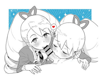 1boy 2girls bar_censor big_hair blue_background blush censored clone closed_eyes cooperative_fellatio drill_hair fellatio ffm_threesome greyscale greyscale_with_colored_background group_sex heart heriyama loli long_hair looking_at_viewer luna_platz_(mega_man) mega_man_(series) mega_man_star_force_(series) monochrome multiple_girls oral penis pov pov_crotch speech_bubble spoken_heart teamwork_(sexual) threesome twin_drills twintails