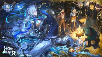 1girl 3boys absurdres animal_ears arm_tattoo armor bag black_gloves black_hair black_hat blue_hands braid chibi closed_mouth cyno_(genshin_impact) dragon_tail fire fox_ears fox_tail genshin_impact gloves green_hair hair_between_eyes hat highres holding holding_map hoyofair long_hair long_sleeves map mualani_(genshin_impact) multicolored_hair multiple_boys neuvillette_(genshin_impact) official_art pointy_ears purple_eyes shorts shoulder_armor shoulder_bag streaked_hair tail tattoo tighnari_(genshin_impact) white_hair white_shorts yaoyaobae