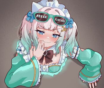 1girl blue_eyes bow breasts cleavage commentary ddrawins densetsu.exe english_commentary eyewear_on_head fang gradient_hair green_hair green_sleeves hair_bow hair_ornament highres maid_headdress mint_fantome mint_fantome_(minto_2.0) multicolored_hair pointy_ears short_hair short_twintails skin_fang small_breasts smug sunglasses through_wall triangular_headpiece twintails virtual_youtuber white_hair x_hair_ornament