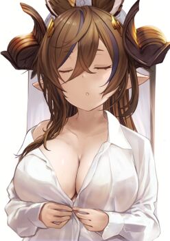 1girl animal_ears breasts brown_hair cleavage closed_eyes collarbone collared_shirt dress_shirt extra_ears galleon_(granblue_fantasy) granblue_fantasy horns large_breasts long_hair long_sleeves multicolored_hair p_answer pointy_ears shirt solo streaked_hair swept_bangs white_shirt