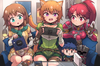 3girls :/ animal_ears arm_warmers armor bandaged_arm bandaged_hand bandages belt bracer breastplate breasts brown_hair cat_ears closed_mouth contemporary controller couch es_(eisis) facial_mark fang fire_emblem fire_emblem:_path_of_radiance fire_emblem:_radiant_dawn game_console game_controller gamecube glass_table hair_tubes handheld_game_console high_ponytail highres holding holding_controller holding_game_controller holding_handheld_game_console indoors jill_(fire_emblem) leaning_forward leaning_to_the_side lethe_(fire_emblem) long_hair looking_at_another medium_breasts mist_(fire_emblem) multiple_girls nintendo nintendo_switch_2 on_couch open_mouth orange_hair ponytail red_eyes red_hair short_hair short_sleeves shoulder_armor sitting small_breasts table thigh_belt thigh_strap tunic whisker_markings wii wii_remote