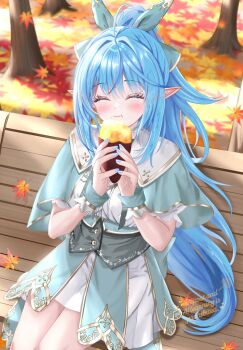 1girl autumn autumn_leaves bench blue_hair blush breasts closed_eyes commentary_request cowboy_shot dress eating elf erin_(sherryseraph) food hair_ribbon high_ponytail highres holding holding_food hololive large_breasts leaf long_hair pointy_ears ponytail ribbon sitting solo virtual_youtuber watermark white_dress yukihana_lamy