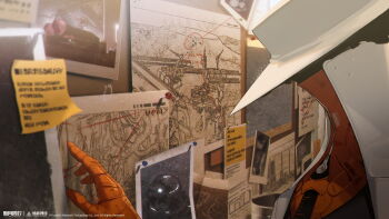 Rule 34 | 1other, absurdres, blurry, bulletin board, copyright name, copyright notice, depth of field, from side, gloves, group leader (xinyue tongxing), hand up, hat, highres, logo, map (object), official art, official wallpaper, orange gloves, photo (object), pushpin, solo, sticky note, upper body, white hat, xinyue tongxing