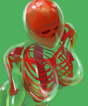 1girl absurdres bone breasts green_background highres knifesart large_breasts monster_girl original ribs see-through_body simple_background skeleton skull slime_(substance) slime_girl