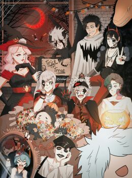 4girls asta_(black_clover) black_clover black_hair blue_hair candy charmy_pappitson chibi cloak devil fangs finral_roulacase food gauche_adlai ghost_costume gordon_agrippa grey_(black_clover) group_picture halloween halloween_costume hat head_on_hand headband henry_legolant highres jack-o'-lantern liebe_(black_clover) looking_at_viewer luck_voltia magna_swing mime multiple_boys multiple_girls nacht_faust noelle_silva open_mouth patchwork_skin peace_symbol pink_hair red_hair secre_swallowtail sign silk silver_hair smile spider_web tailyor_art vampire_costume vanessa_enoteca watermark witch witch_hat yami_sukehiro zora_ideale
