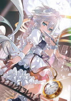 1girl apron between_fingers blue_eyes bow braid commentary_request commission green_bow grey_hair hair_bow highres holding holding_knife izayoi_sakuya knife knives_between_fingers l.f. long_hair looking_at_viewer maid maid_headdress pocket_watch puffy_short_sleeves puffy_sleeves roman_numeral short_sleeves solo touhou twin_braids waist_apron watch wrist_cuffs