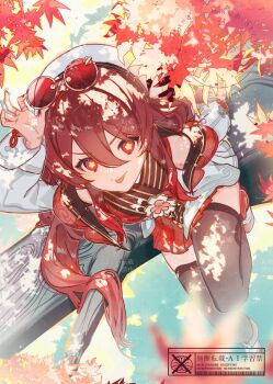 1girl beret eyewear_on_head genshin_impact glasses hand_on_headwear hat highres hu_tao_(cherries_snow-laden)_(genshin_impact) hu_tao_(genshin_impact) in_tree leaf long_sleeves looking_at_viewer nakaba_(mode) sitting sitting_in_tree thighhighs tongue tongue_out tree