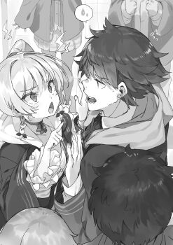 1boy 1girl alicia_vladia_sarkista angry ascot bow braid breasts buta_koushaku chestnut_mouth collared_shirt crowd flipped_hair flying_sweatdrops frilled_robe from_above from_side greyscale hair_between_eyes hair_bow hands_up height_difference highres hooded_robe lightning_bolt_symbol long_hair long_sleeves monochrome nauribon neck_ribbon non-web_source novel_illustration official_art open_clothes open_hands open_mouth open_robe outdoors pointing profile ribbon robe school_uniform shirt short_hair shuya_nyukern side_braids small_breasts spoken_sweatdrop standing sweatdrop teeth twintails upper_body v-shaped_eyebrows wide_sleeves