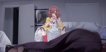 2girls american_psycho animal_ears bone_hair_ornament braid breasts brown_eyes brown_hair cigarette commentary dog_ears dog_girl dress english_commentary hair_between_eyes hair_ornament highres holding holding_cigarette holding_lighter hololive indoors inugami_korone inugami_korone_(1st_costume) jacket lighter medium_breasts medium_hair multiple_girls murder open_clothes open_jacket scene_reference sitting smoking teyoid twin_braids virtual_youtuber white_dress yellow_jacket