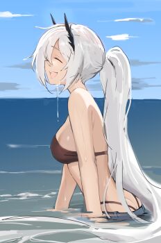 1girl ass bikini black_bikini blue_sky breasts butt_crack closed_eyes cloud cloudy_sky highleg highleg_bikini highres honkai_(series) honkai_impact_3rd kiana_kaslana kiana_kaslana_(herrscher_of_flamescion) kiana_kaslana_(summer_2022) large_breasts long_hair open_mouth outdoors ponytail saki_(remainaddd) sky smile solo swimsuit very_long_hair water wet wet_hair
