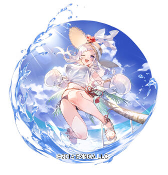 1girl bikini bikini_top_under_shirt bikini_under_clothes black_bikini boxing_gloves braid breasts character_request cloud commentary_request copyright_notice flower hat hat_flower hat_ribbon navel one_eye_closed open_mouth oshiro_project:re palm_tree pekoo_(pekota) purple_eyes red_flower ribbon sandals side-tie_bikini_bottom sky smile solo straw_hat swimsuit teeth tree upper_teeth_only water white_ribbon white_sandals