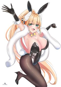 1girl armpits arms_up black_pantyhose blonde_hair blush breasts detached_sleeves fang feather_boa goddess_of_victory:_nikke green_hair high_heels highres hug kazushi_shinya large_breasts latex long_hair open_mouth pantyhose playboy_bunny ponytail rupee_(nikke) rupee_(rabbit_deluxe)_(nikke) smile standing standing_on_one_leg white_background