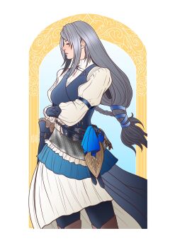 1girl black_pantyhose blue_background blue_ribbon blue_vest boots border braid breasts brown_boots closed_eyes cowboy_shot final_fantasy final_fantasy_xvi gloves grey_hair hair_ribbon highres jill_warrick juliet_sleeves layered_skirt long_hair long_sleeves low-tied_long_hair medium_breasts noctglaiveart pantyhose puffy_sleeves ribbon shirt side_braid single_braid single_glove skirt solo vest white_border white_shirt