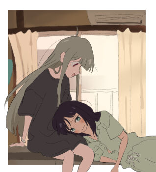2girls absurdres arm_support black_shirt blunt_bangs blush border cho_kaguya-hime! curtains green_eyes green_pajamas green_shirt grey_hair hashtag-only_commentary highres indoors kaguya_(cho_kaguya-hime!) lap_pillow long_hair looking_at_another looking_down lying multiple_girls on_side open_mouth pajamas red_eyes sakayori_iroha shirt short_sleeves sitting siyuyukika smile t-shirt wavy_mouth white_border window