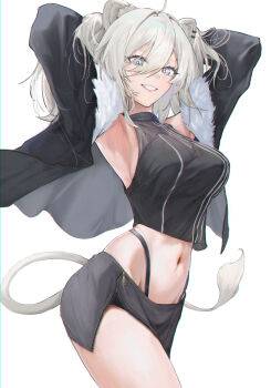1girl absurdres ahoge animal_ear_fluff animal_ear_piercing animal_ears armpits arms_behind_head black_jacket black_shirt black_skirt breasts commentary cropped_shirt fur-trimmed_jacket fur_trim grey_eyes grey_hair grin hair_between_eyes halter_shirt halterneck highres hololive jacket large_breasts lion_ears lion_girl lion_tail long_hair long_sleeves looking_at_viewer messy_hair midriff miniskirt nadenadesuki navel open_clothes open_jacket panty_straps see-through_cleavage see-through_clothes shirt shishiro_botan shishiro_botan_(1st_costume) side_slit simple_background skirt smile solo tail teeth thighs virtual_youtuber white_background zipper_skirt