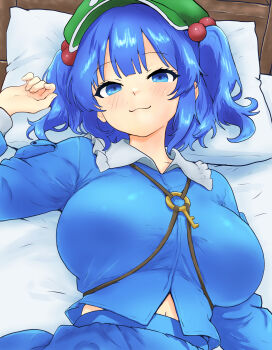 Rule 34 | 1girl, :3, bed, blue eyes, blue hair, blue shirt, blue skirt, blush, breasts, closed mouth, collared shirt, commentary request, green hat, hair bobbles, hair ornament, hat, head on pillow, highres, hinben, jewelry, kawashiro nitori, key, key necklace, large breasts, long sleeves, looking at viewer, lying, medium hair, navel, necklace, nitori day, on back, on bed, pillow, shirt, skirt, smile, solo, touhou, two side up