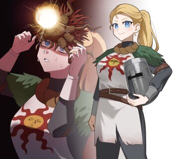 Rule 34 | 1girl, belt, blonde hair, blue eyes, brown belt, bug, commentary request, dark souls (series), dark souls i, genderswap, genderswap (mtf), glowing, great helm, helmet, highres, idzuki kenkyu-in, long sleeves, looking up, monster, ponytail, ringed eyes, smile, solaire of astora, sun print, sunlight maggot, surcoat, sweat, tearing up, unworn headwear, unworn helmet