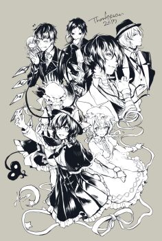 Rule 34 | 2017, 3girls, 4boys, artist name, blush, bungou stray dogs, capelet, character request, closed mouth, collared shirt, colored skin, crystal wings, dress, fedora, flandre scarlet, frilled capelet, frilled hat, frilled skirt, frills, gensou aporo, green background, greyscale with colored background, hat, hat ribbon, high heels, index finger raised, maribel hearn, mob cap, multiple boys, multiple girls, musical note, necktie, pointing, pointing up, puffy sleeves, ribbon, shirt, short hair, signature, simple background, skirt, touhou, usami renko, wings