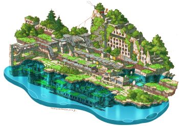 1boy 1other 2025 abandoned absurdres artist_name building commentary_request crosswalk dilapidated flood highres original overgrown pillar post-apocalypse ruins rust simple_background smoke stairs tokyogenso train tree water white_background