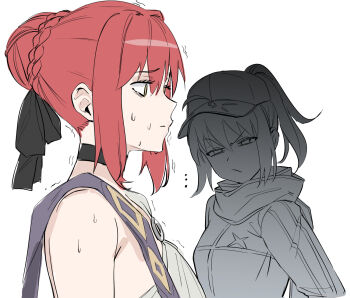 ... 2girls ahoge artoria_pendragon_(fate) baseball_cap black_ribbon but_you_can't_prove_it_(meme) das_(dan_dan) fate/grand_order fate/strange_fake fate_(series) hair_ribbon hat highres hippolyta_(fate) jacket looking_ahead looking_at_another meme multiple_girls mysterious_heroine_x_(fate) nervous_sweating red_hair ribbon scarf short_hair sweat trembling