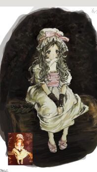 1girl 2jio8 berry black_gloves blush bow brown_eyes brown_hair child closed_mouth dress expressionless fingerless_gloves fluffy_hair footwear_bow full_body fur_scarf gloves hat hat_bow hat_ribbon highres leaf long_dress long_hair looking_ahead mob_cap original palms_together parted_hair photo_inset pink_bow pink_ribbon pink_sash pink_shoes puffy_short_sleeves puffy_sleeves reference_inset ribbon sash screencap shoes short_sleeves sitting solo tareme waist_sash white_dress white_hat