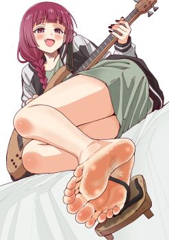 1girl arched_back asikoma7777 bare_legs barefoot bed_sheet black_nails blush bocchi_the_rock! braid braided_ponytail dress fang feet foot_focus footprints full_body geta green_dress guitar hair_over_shoulder highres hiroi_kikuri holding instrument jacket large_variant_set legs looking_at_viewer open_clothes open_jacket open_mouth purple_eyes purple_hair sandals short_dress simple_background single_sandal smell soles solo toes variant_set white_background