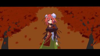 1girl autumn autumn_leaves black_shirt bun_cover chain chinese_commentary closed_mouth commentary_request cowboy_shot cuffs double_bun expressionless falling_leaves flower green_skirt hair_bun highres ibaraki_kasen juliet_sleeves leaf letterboxed long_sleeves looking_at_viewer orange_flower orange_rose pink_eyes pink_hair puffy_sleeves que_si_tian_yu_ze rose shirt short_hair skirt solo touhou tree