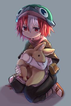 Rule 34 | 1girl, absurdres, aq gohan, bags under eyes, black pants, blood, blood on ground, brown capelet, capelet, closed mouth, creature, green helmet, grey background, hair between eyes, hat, helmet, highres, holding, holding creature, injury, jitome, light frown, looking at viewer, made in abyss, multicolored hair, orange sandals, pants, pouch, red eyes, red hair, red scarf, sandals, scarf, short hair, simple background, streaked hair, vueko, white hair