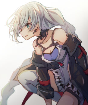 1girl black_jacket braid braided_ponytail breasts cleavage commentary_request dress honkai_(series) honkai_impact_3rd jacket kallen_kaslana kallen_kaslana_(sundenjager) long_hair long_sleeves medium_breasts mogupon open_mouth solo thighhighs white_background white_dress white_hair white_thighhighs