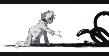 1boy 1other ankle_boots bars boots crawling creature denim dripping drop_shadow facing_to_the_side fujiki_yusaku grey_footwear hood hooded_jacket jacket jeans kneeling liquid looking_at_another looking_at_object male_focus monochrome open_clothes open_jacket open_mouth outstretched_arm outstretched_hand pants shirt slime_(creature) spiked_hair talking tentacles white_background white_shirt ysk_ksng yu-gi-oh! yu-gi-oh!_vrains