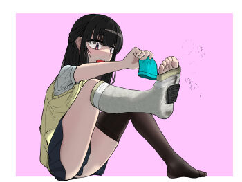 absurdres black_hair black_skirt black_thighhighs broken_leg cast highres holding_sock leg_cast original scotch_(castlover) skirt socks thighhighs unworn_socks
