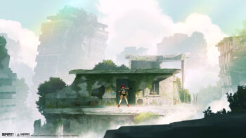 1girl abandoned absurdres animal_ear_headwear bare_shoulders black_gloves blue_sky boots box breasts broken_wall brown_cape brown_hat brown_shorts building bush cape cardboard_box cleavage_cutout clothing_cutout cloud cloudy_sky condenser_unit copyright_name copyright_notice cropped_shirt dilapidated fake_animal_ears fanghuo_(xinyue_tongxing) fog glasses gloves hat highres large_breasts legs_apart logo long_hair looking_at_viewer navel official_art official_wallpaper opening_door overgrown plant potted_plant red_boots red_hair round_eyewear ruins scenery shirt short_shorts shorts side_cape sky sleeveless sleeveless_shirt solo standing stomach very_long_hair vines white_shirt wide_shot window xinyue_tongxing